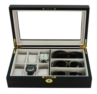 Ebony Wooden Watch Box for 6 Watches + 3 Sunglasses