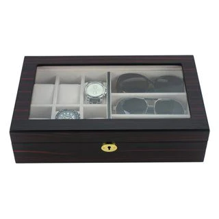 Ebony Wooden Watch Box for 6 Watches + 3 Sunglasses