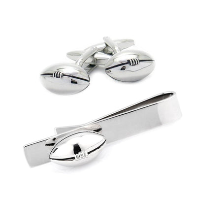Footy / Rugby Football Silver Cufflinks & Tie Bar Set