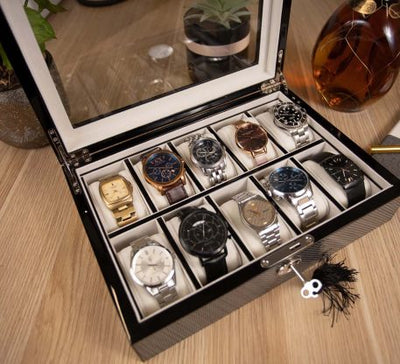 Carbon Fibre Wooden Watch Box, 10 Watch Box, Cuffed Watch Box, Clinks Australia Watch Box, Carbon Fibre Watch Boxes on Cuffed, Australia Watch Box, Watch Storage Box, Watch Display Box, 10 Slots Watch Box, Watch Boxes for 10, Wooden Watch Box, Carbon Fibre, Watch Boxes, CB5055, Clinks.com