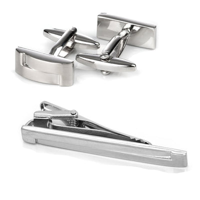 Silver Interlinked Cufflinks & Tie Clip Set
