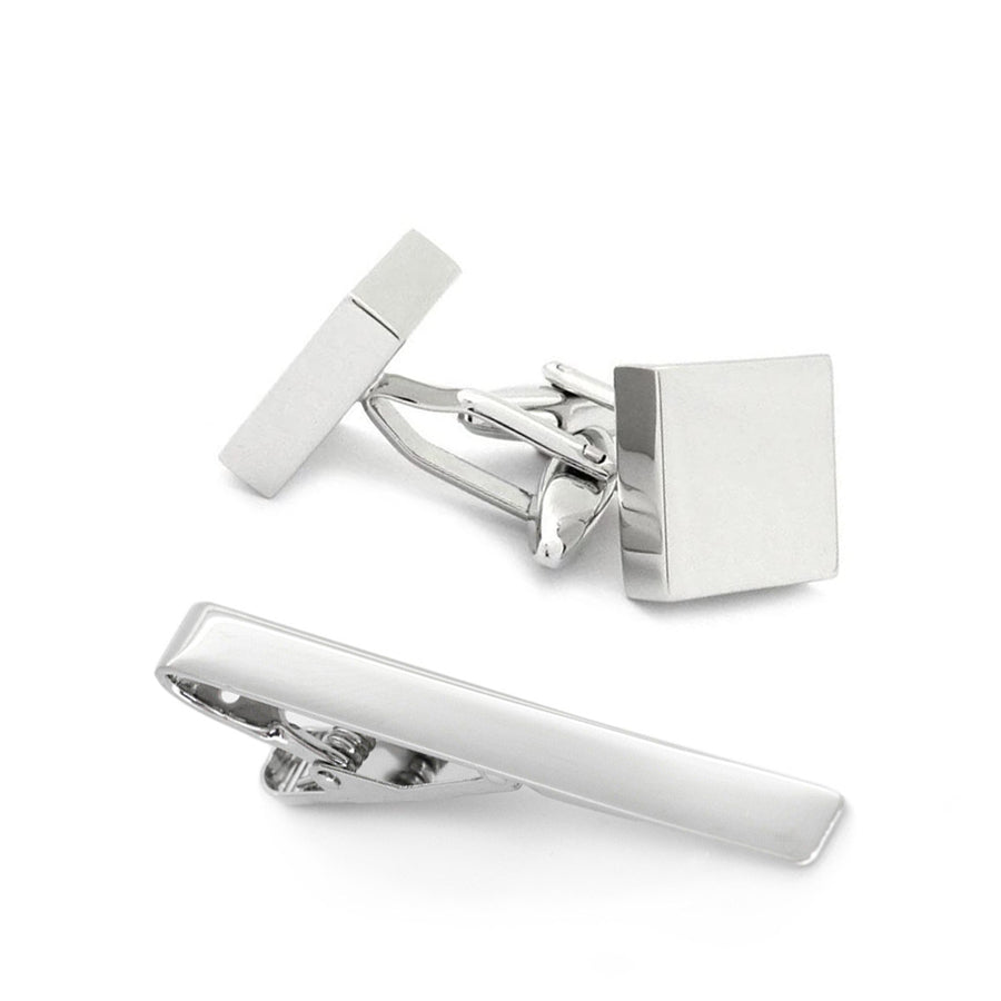 Silver Square Engravable Cufflinks & Tie Clip Set