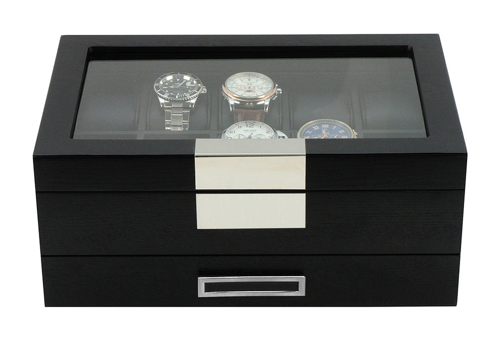 Black Wooden Watch Box, 10 Watch Box, Cuffed Watch Box, Clinks Australia Watch Box, Black Watch Boxes on Cuffed, Australia Watch Box, Watch Storage Box, Watch Display Box, 10 Slots Watch Boxes, Watch Boxes for 10, Wooden Watch Box, Black, Wooden, Watch Boxes with Drawer, Storage Boxes, CB5007, Clinks.com