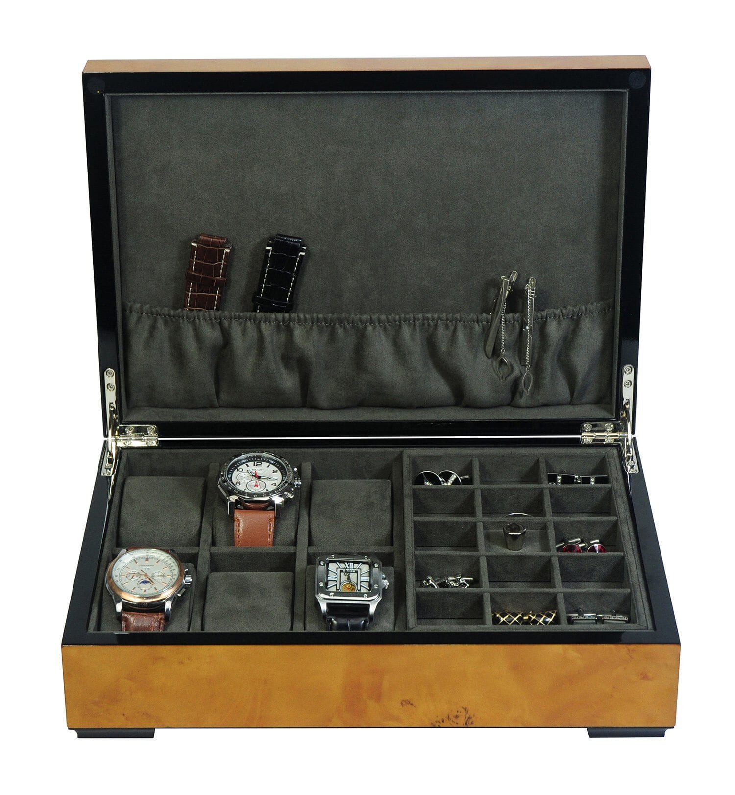 World Map Burl Wooden Watch Box for 6 Watches + Jewellery Watch Boxes Clinks 