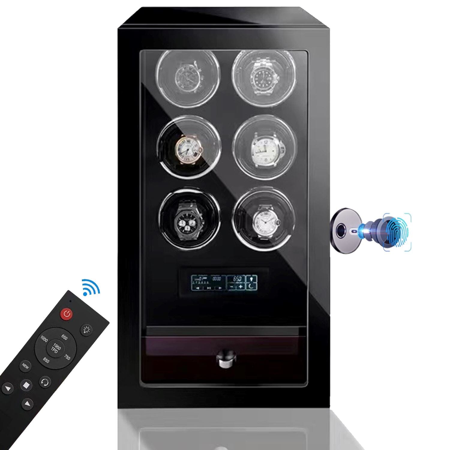 Yarra Watch Winder for 6 Watches + Drawer with Fingerprint Lock Watch Winder Boxes Clinks 