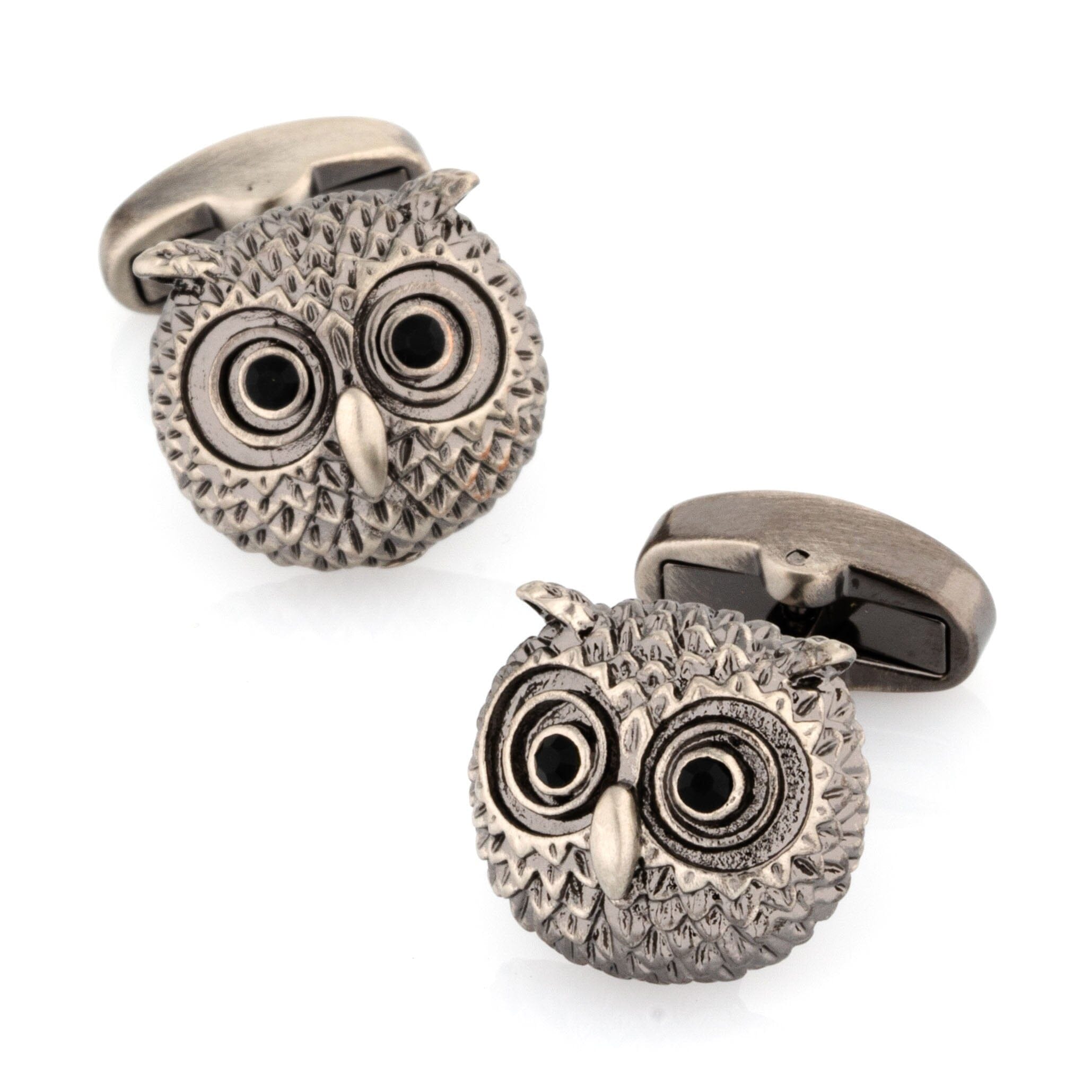 Silver Textured Owl Head Cufflinks with Black Crystal Eyes Novelty Cufflinks Clinks Australia Silver Textured Owl Head Cufflinks with Black Crystal Eyes 