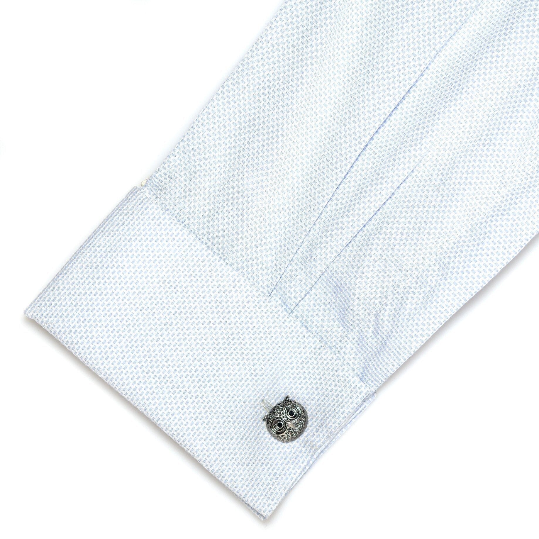Silver Textured Owl Head Cufflinks with Black Crystal Eyes Novelty Cufflinks Clinks Australia 