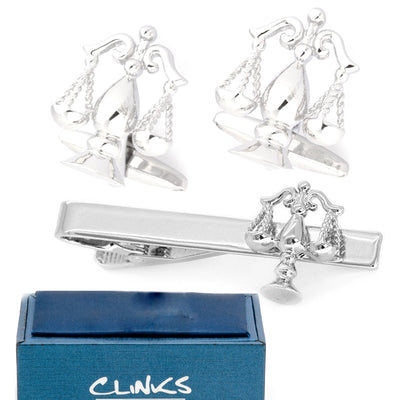 Scales of Justice Silver Cufflinks & Tie Clip Set
