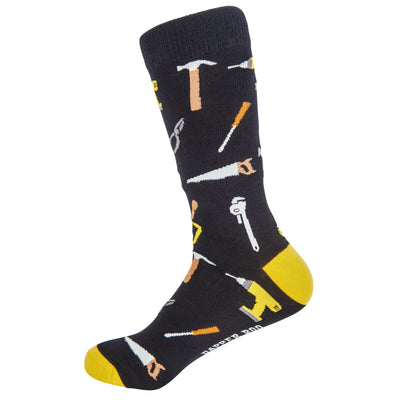Handyman Tools Bamboo Socks by Dapper Roo, Handyman Tools Socks, Dapper Roo, Socks, Black, Yellow, Multi, Bamboo, Elastane, Nylon, Elastic, SK2018, Men's Socks, Socks for Men, Clinks.com