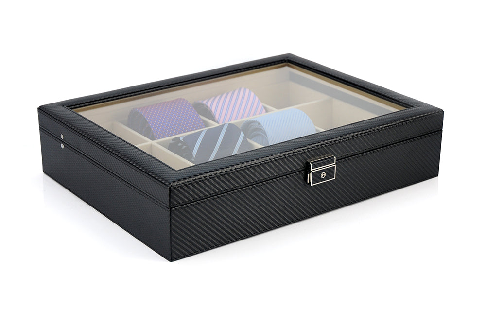 Carbon Fibre Leather Tie Box for 12, Tie Storage Box, Storage Boxes, CB5019, Cuffed, Clinks, Clinks Australia